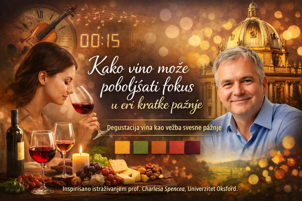 Degustacija vina kao vežba pažnje – žena uživa u vinu uz vizuelni prikaz istraživanja Charlesa Spencea o percepciji ukusa i fokusu