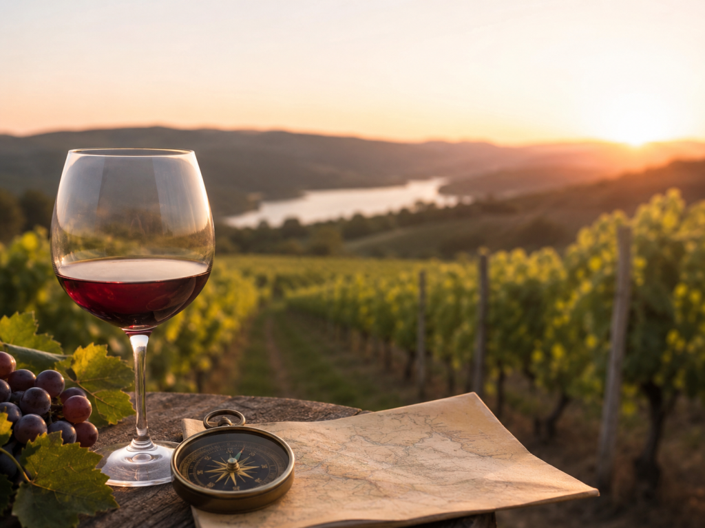 Čaša crvenog vina u vinogradu pri zalasku sunca kao simbol novih trendova i promena u globalnoj vinskoj industriji prema OIV izveštaju za 2025.