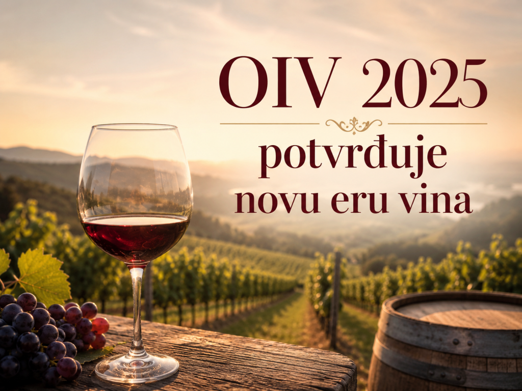 Čaša crvenog vina u vinogradu pri zalasku sunca kao simbol novih trendova i promena u globalnoj vinskoj industriji prema OIV izveštaju za 2025.