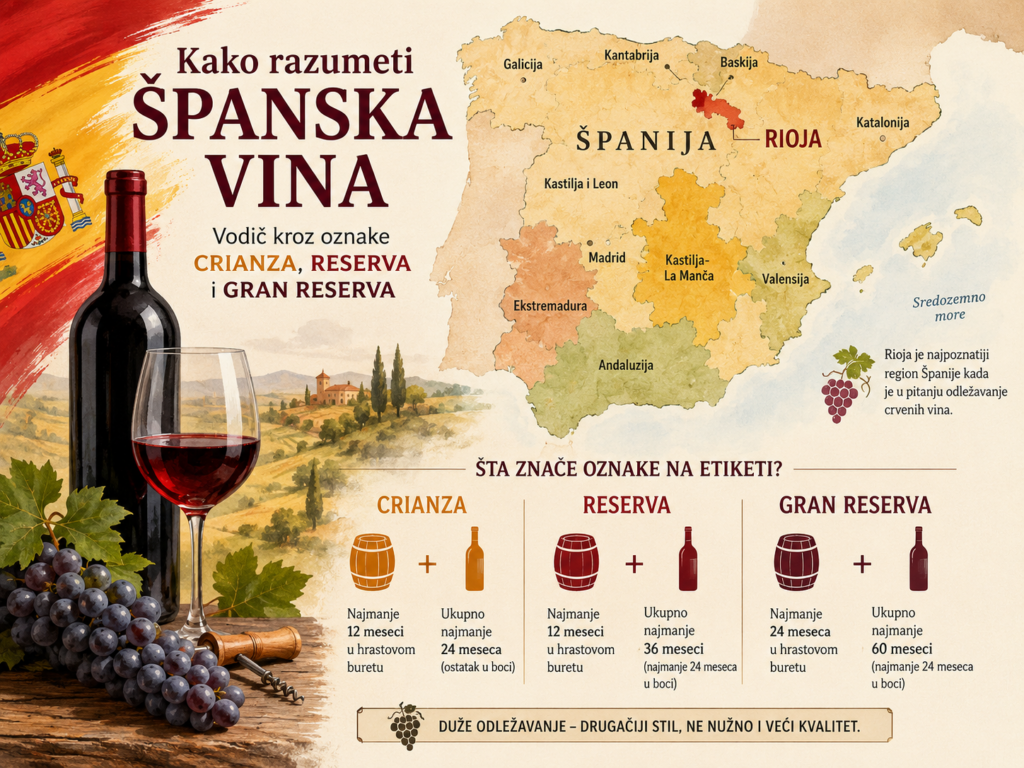 Kako razumeti španska vina: vodič kroz oznake Crianza, Reserva i Gran Reserva Ilustracija vodiča kroz španska vina sa mapom Španije i objašnjenjem oznaka Crianza, Reserva i Gran Reserva.