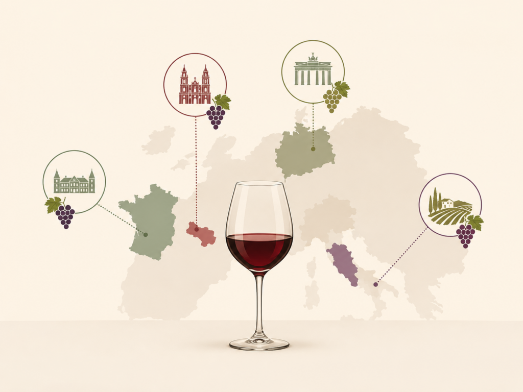 Zašto najpoznatije vinske regije sveta menjaju klasifikaciju vina? Ilustracija vinskih regija Evrope sa čašom vina koja simbolizuje promene u klasifikaciji i označavanju porekla vinaaslovna