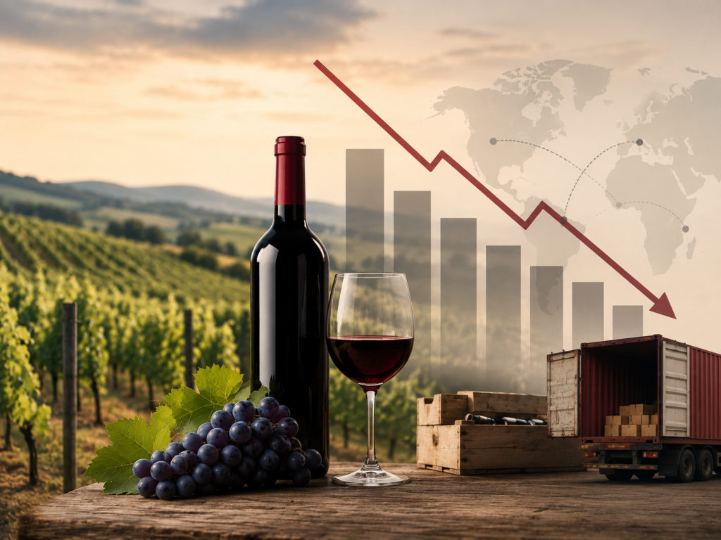Srpsko vinarstvo na prekretnici: analiza podataka za 2025. Ilustracija srpskog vinogradarstva sa vinogradom, grožđem, bocom vina i grafičkim prikazom trendova proizvodnje i trgovine.