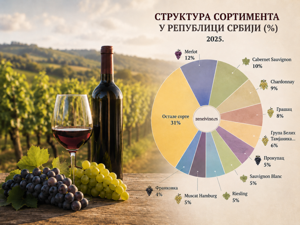 Grašac beli više nije kralj srpskih vinograda Grafikon strukture sortimenta vinove loze u Srbiji za 2025. godinu sa učešćem najzastupljenijih sorti.